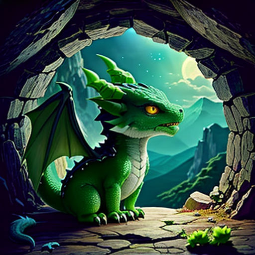 a green dragon sitting in a cave with a full moon in the background and a mountain landscape in the background