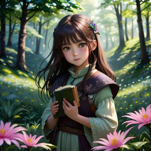 a girl in a green dress holding a book in a forest with pink flowers on the ground and trees