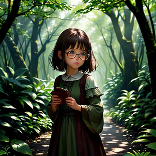 a little girl in a green dress standing in a forest holding a book and looking at the camera with a light shining through the trees