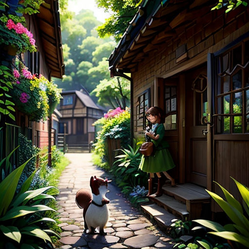 a little girl standing next to a dog on a stone walkway in a garden with flowers and a house