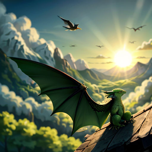 a green dragon sitting on top of a roof next to a bird flying over a mountain range with a bird flying over it