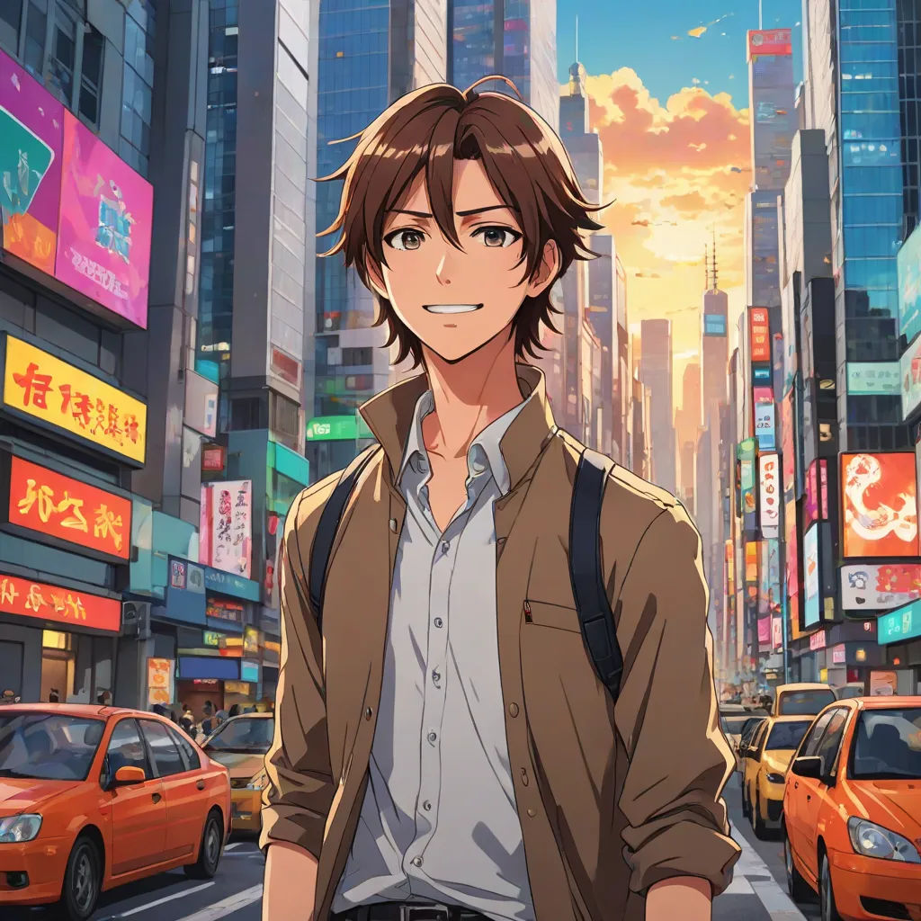 a man standing in the middle of a city street with a backpack on his shoulder and a cityscape in the background, official art, american scene painting, concept art, Ai-Mitsu