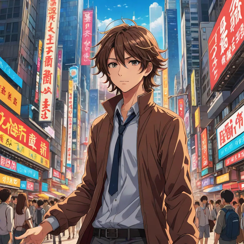 a man in a suit and tie standing in front of a cityscape with a lot of people, official art, aestheticism, concept art, Aguri Uchida