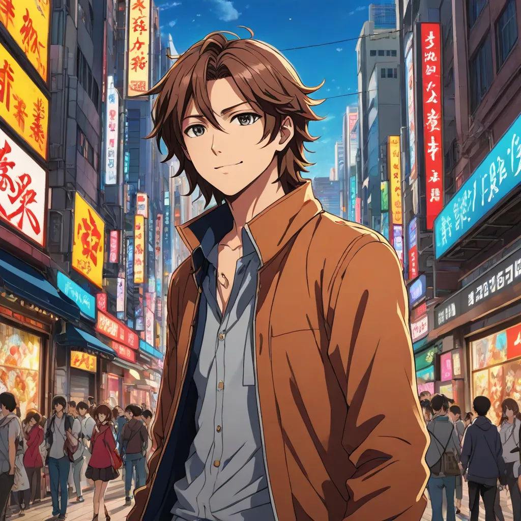 a man in a brown jacket standing in front of a city street with people walking around him and a lot of signs, official art, rayonism, a character portrait, Cedric Seaut (Keos Masons)