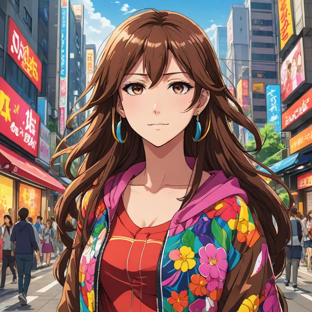 a woman in a colorful jacket and flowered top standing on a city street with people walking by and buildings, official art, maximalism, a character portrait, Ai-Mitsu
