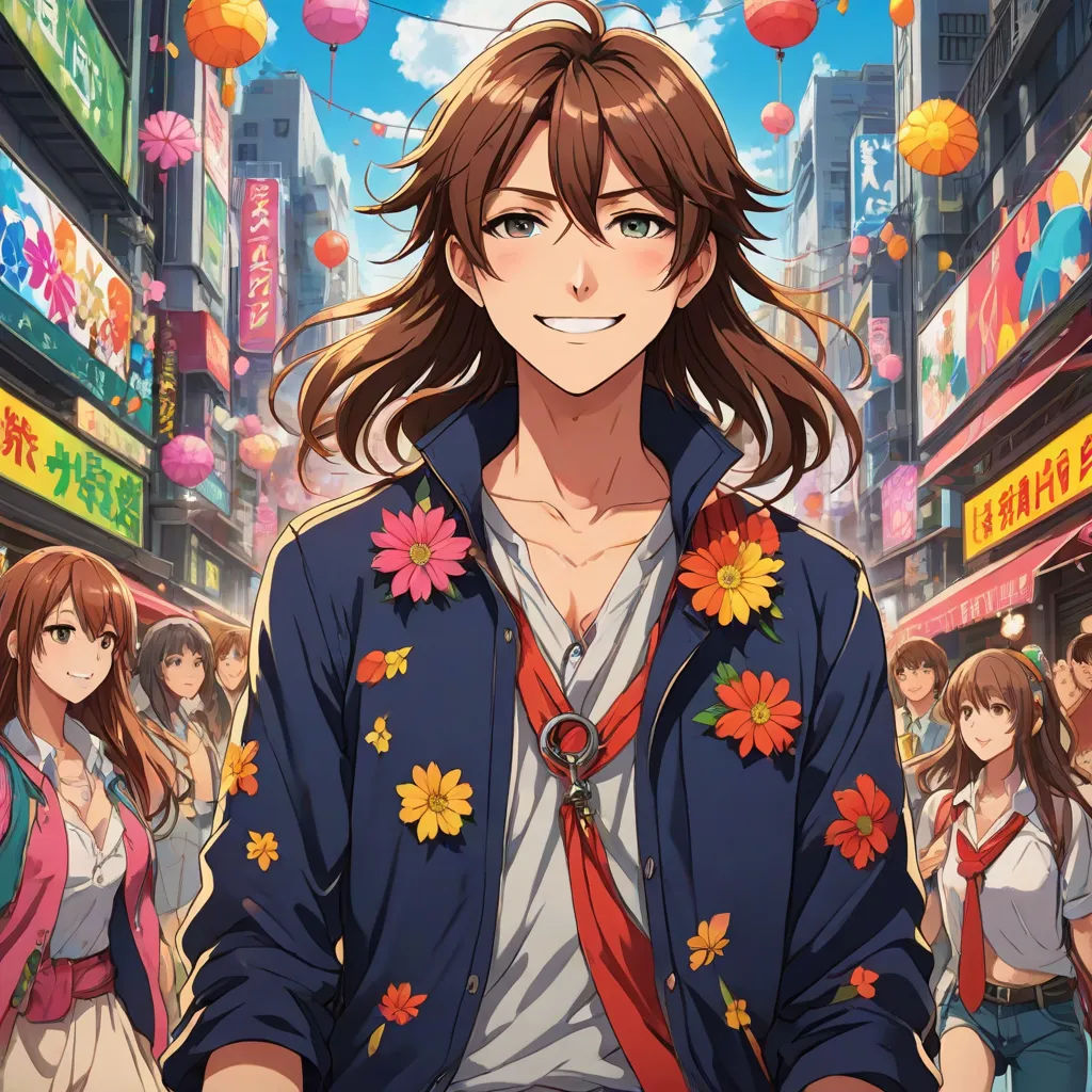a man in a blue jacket and a woman in a red tie and a city street with people in the background, official art, aestheticism, an album cover, Ai-Mitsu