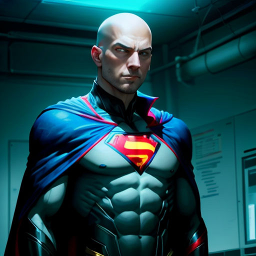 a man in a superman suit standing in a room with a blue light behind him and a green light behind him