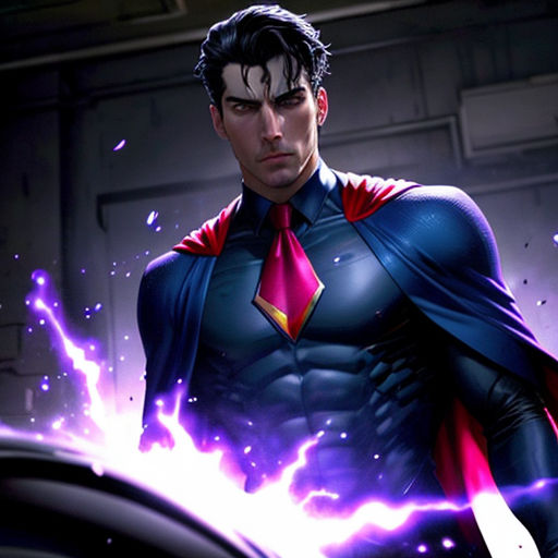 a man in a suit with a tie and lightning in his hands, standing in front of a car