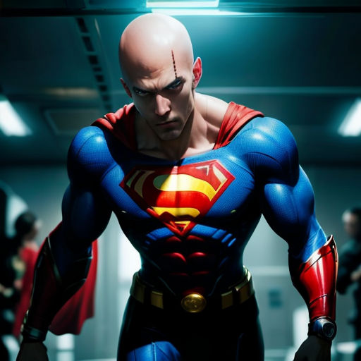 a man in a superman suit is standing in a room with other people in the background and a man in a red cape