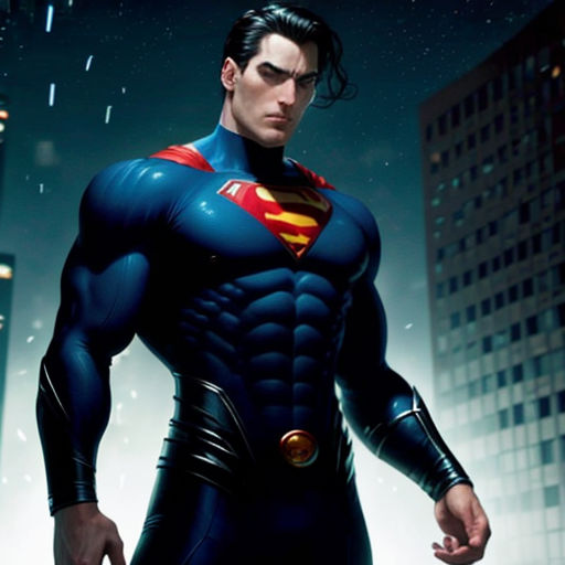 a man in a superman suit standing in front of a cityscape at night with a cityscape in the background