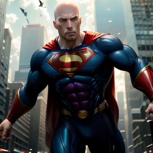 a man in a superman suit standing in front of a city skyline with bats flying overhead and a bat in his hand