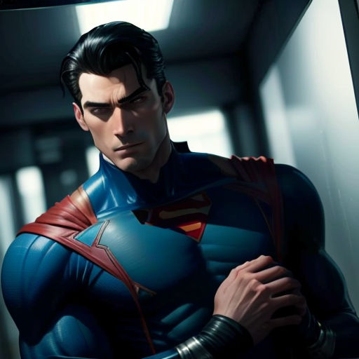 a man in a superman suit standing in a hallway with his arms crossed and his hands folded up in front of him