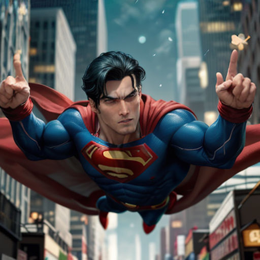 a man flying through the air while wearing a superman costume and pointing to the side of a city street