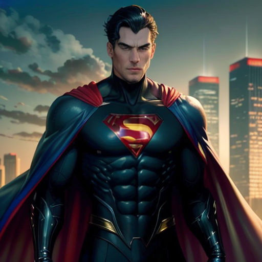 a man in a superman suit standing in front of a city skyline with skyscrapers in the background and a red cape