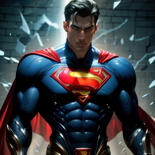 a man in a superman suit standing in front of a brick wall with a broken window behind him and a broken glass behind him