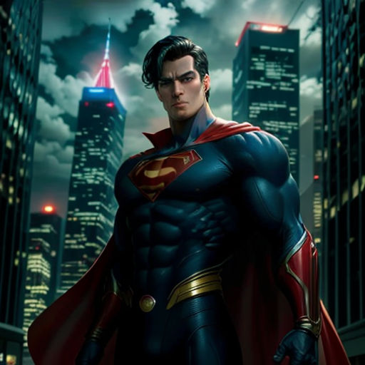 a man in a superman suit standing in front of a city skyline at night with a red light on