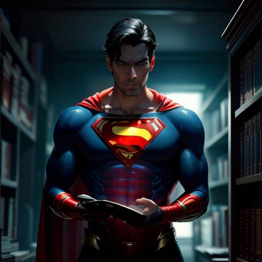 a man in a superman suit standing in a library with his hands in his pockets and a book in his other hand