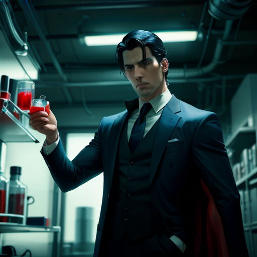 a man in a suit holding a glass of liquid in a room with a red light on the ceiling