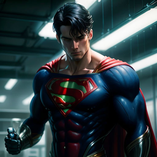 a man in a superman suit holding a gun in a hallway with lights on the ceiling and a ceiling