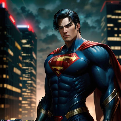 a man in a superman suit standing in front of a city skyline at night with his hands on his hips