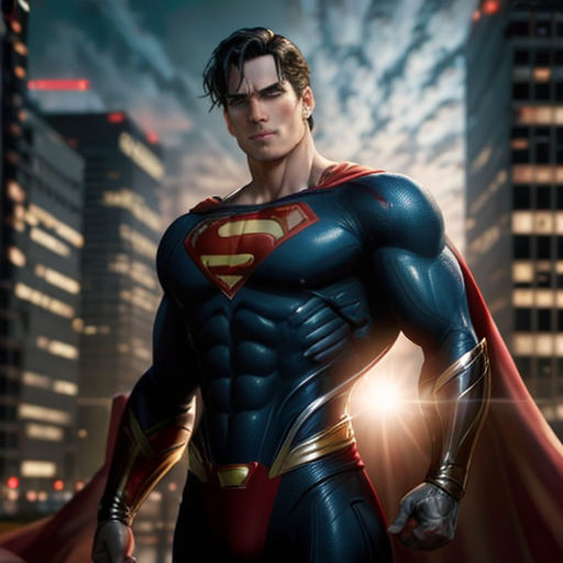 a man in a superman suit standing in front of a city skyline at night with his hands on his hips