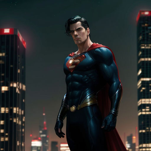 a man in a superman suit standing in front of a city skyline at night with a red cape on
