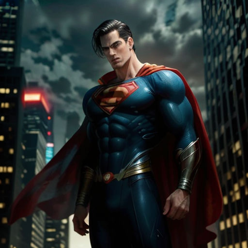 a man in a superman suit standing in front of a city skyline at night with a red cape on