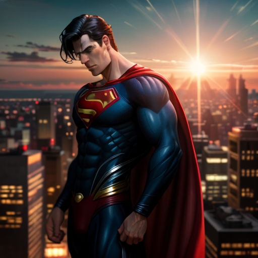 a man in a superman suit standing in front of a city skyline at sunset with the sun shining behind him