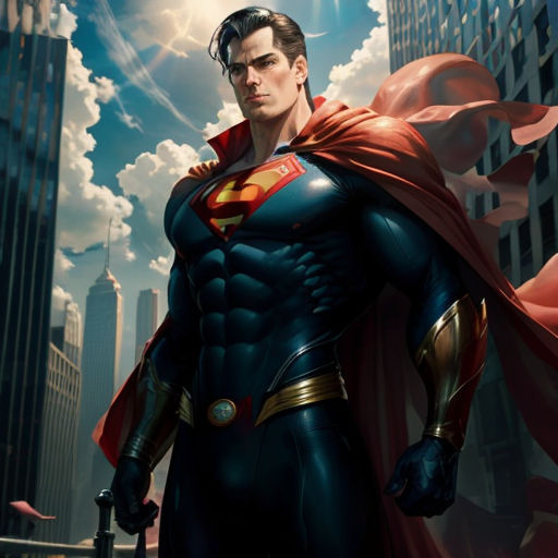 a man in a superman suit standing in front of a city skyline with clouds and a sword in his hand