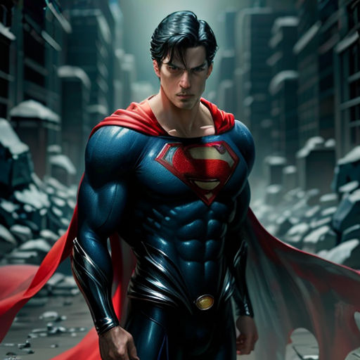 a man in a superman suit standing in a city street with a red cape on his head and a red cape on his chest