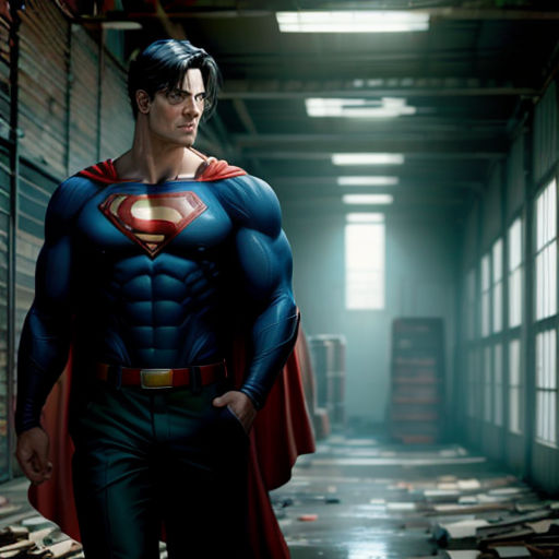 a man in a superman suit is standing in a hallway with a red cape on his head and a red cape on his chest
