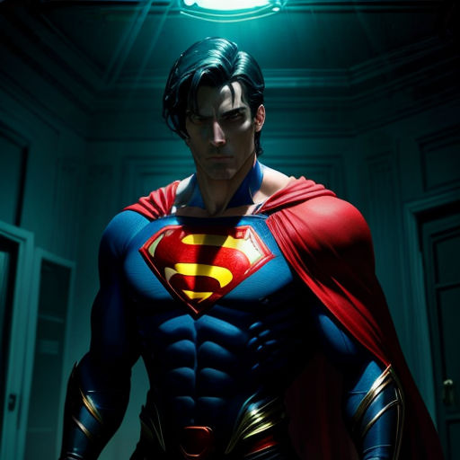 a man in a superman suit standing in a room with a light on his head and a door open