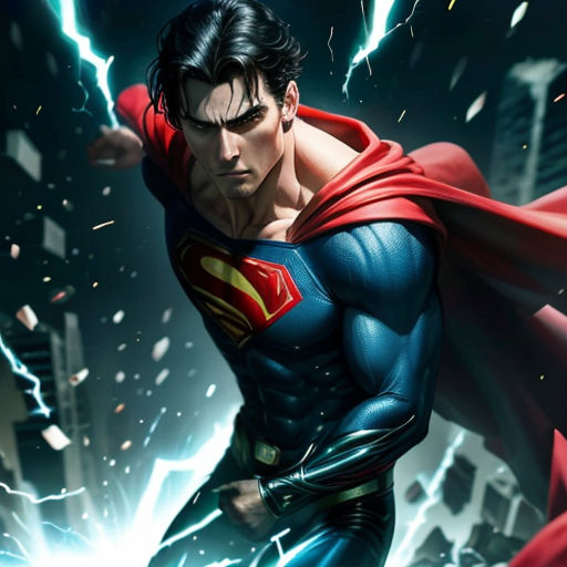 a man in a superman costume with a cape on and a lightning background in the background, with a city skyline