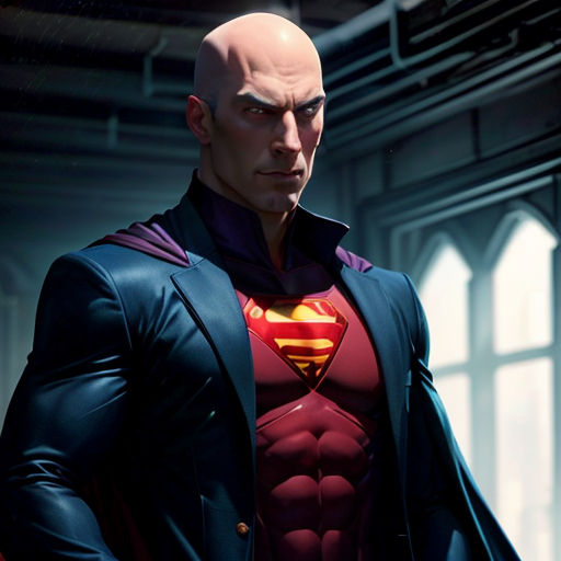 a man in a superman suit standing in a room with windows and a ceiling fan behind him, looking at the camera