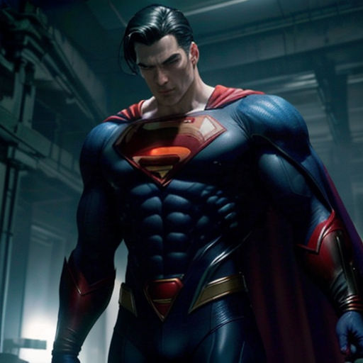 a man in a superman suit standing in a room with a sword in his hand and a helmet on