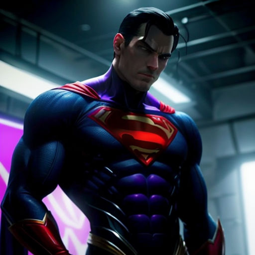 a man in a superman suit standing in a room with a purple background and a purple light behind him