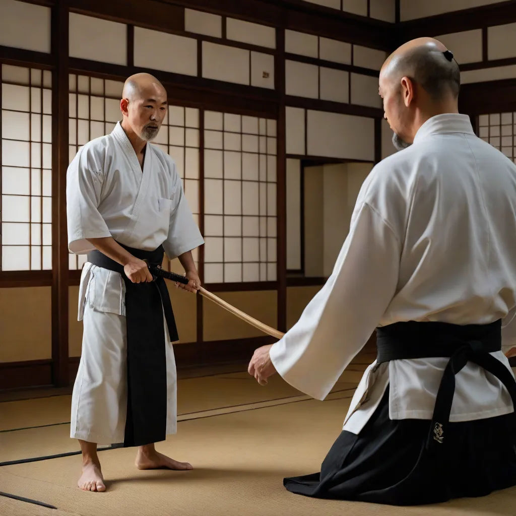 a man holding a stick in a room with a man in a kimono holding a stick in his hand, precisionism, a stock photo, Baiōken Eishun, action scene
