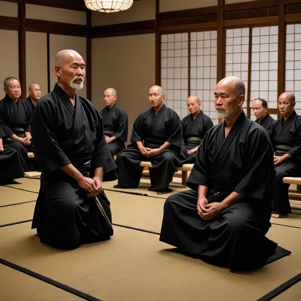 a group of men sitting on top of a wooden floor in a room with windows and a chandelier, institutional critique, a poster, Baiōken Eishun, movie still
