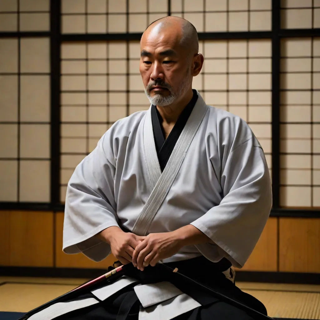a man sitting on a mat with a black and white outfit on and a black and white sash around his waist, precisionism, a character portrait, Asai Chū, character portrait