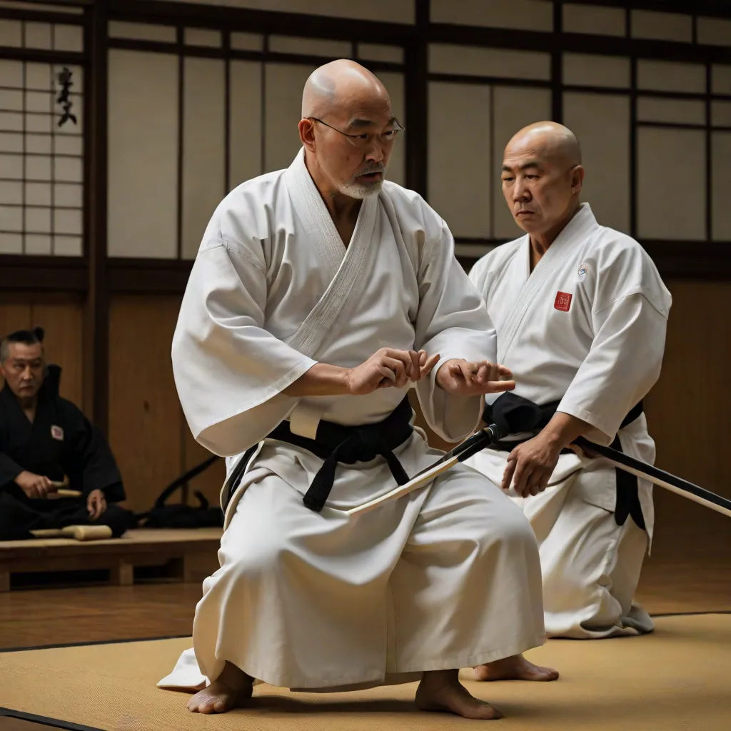 two men in white robes are practicing karate in a room with other men sitting down and one man standing up, dau-al-set, a character portrait, Baiōken Eishun, movie still