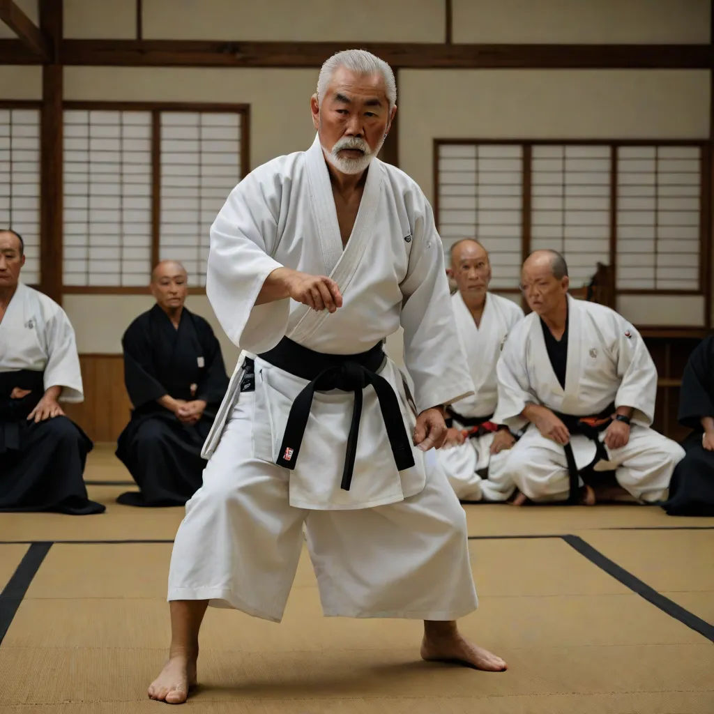 a man in a white kimono is practicing karate in a group of men in black kimonos, precisionism, a character portrait, Asai Chū, dynamic pose