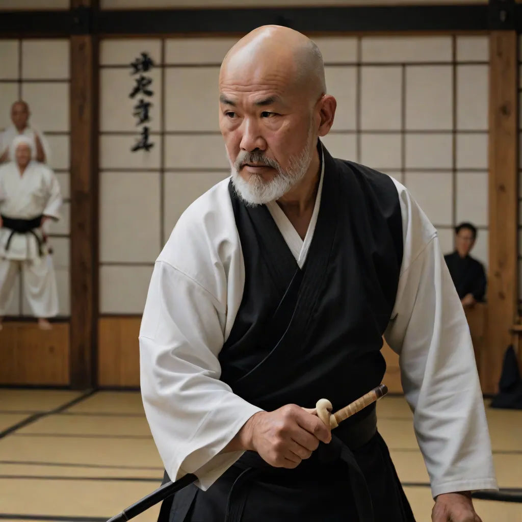 a man in a black and white outfit holding a stick and a sword in a room with people in the background, precisionism, a character portrait, Baiōken Eishun, action scene