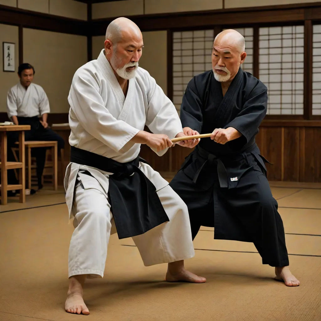 two men in a room with a table and chairs and one man holding a stick with both hands and another man with a black robe, precisionism, a stock photo, Baiōken Eishun, action scene