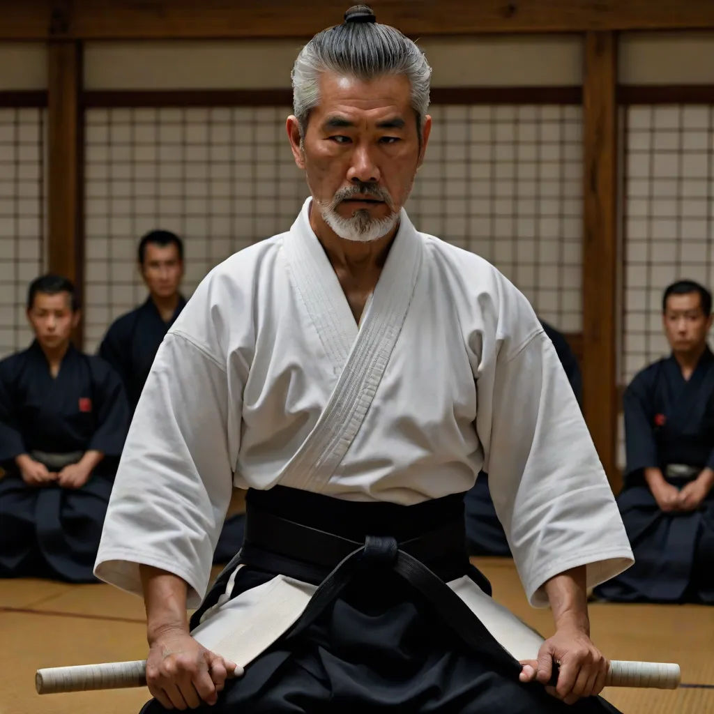 a man in a kimono sitting on a mat with two men in the background watching him with a sword, precisionism, a character portrait, Baiōken Eishun, promotional image