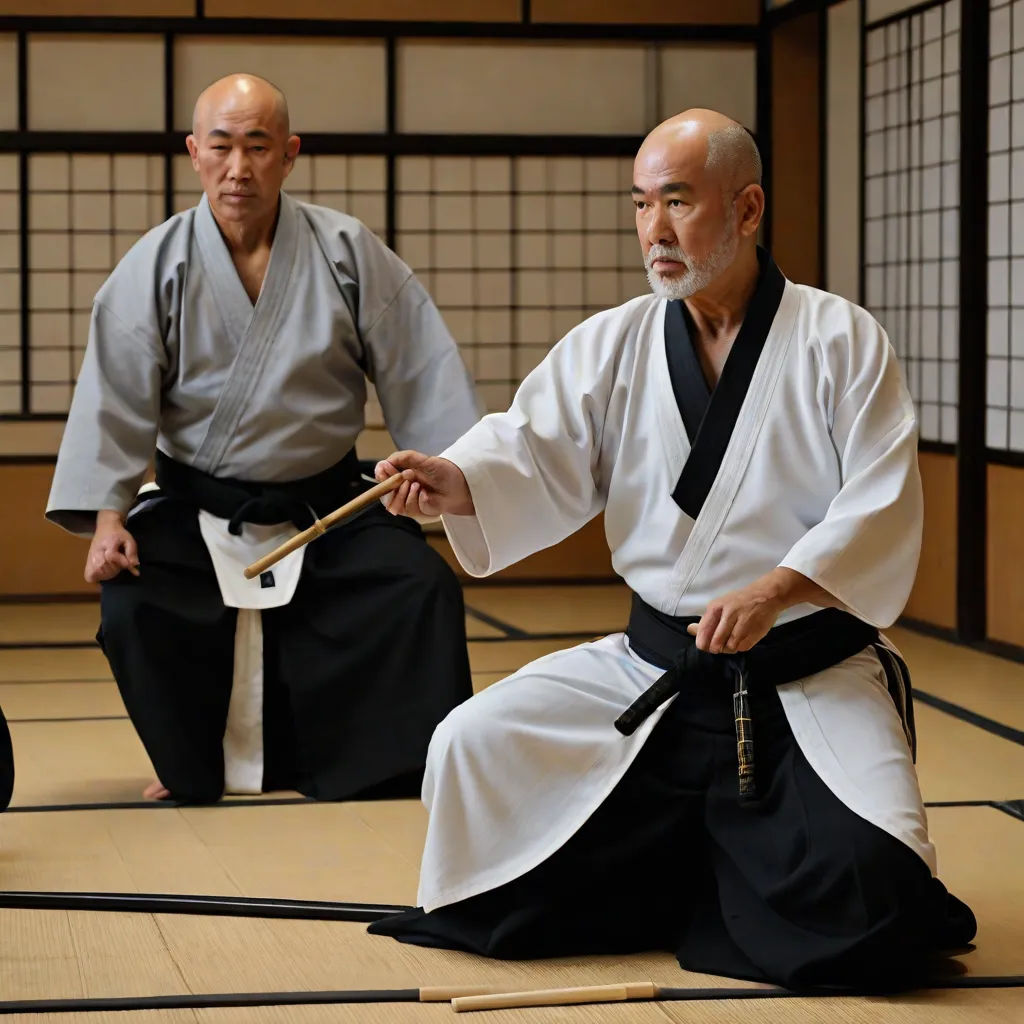 two men in a room with a wooden floor and a wall with a painting on it and a wooden floor with a white wall and black mat, dau-al-set, a stock photo, Baiōken Eishun, promotional image