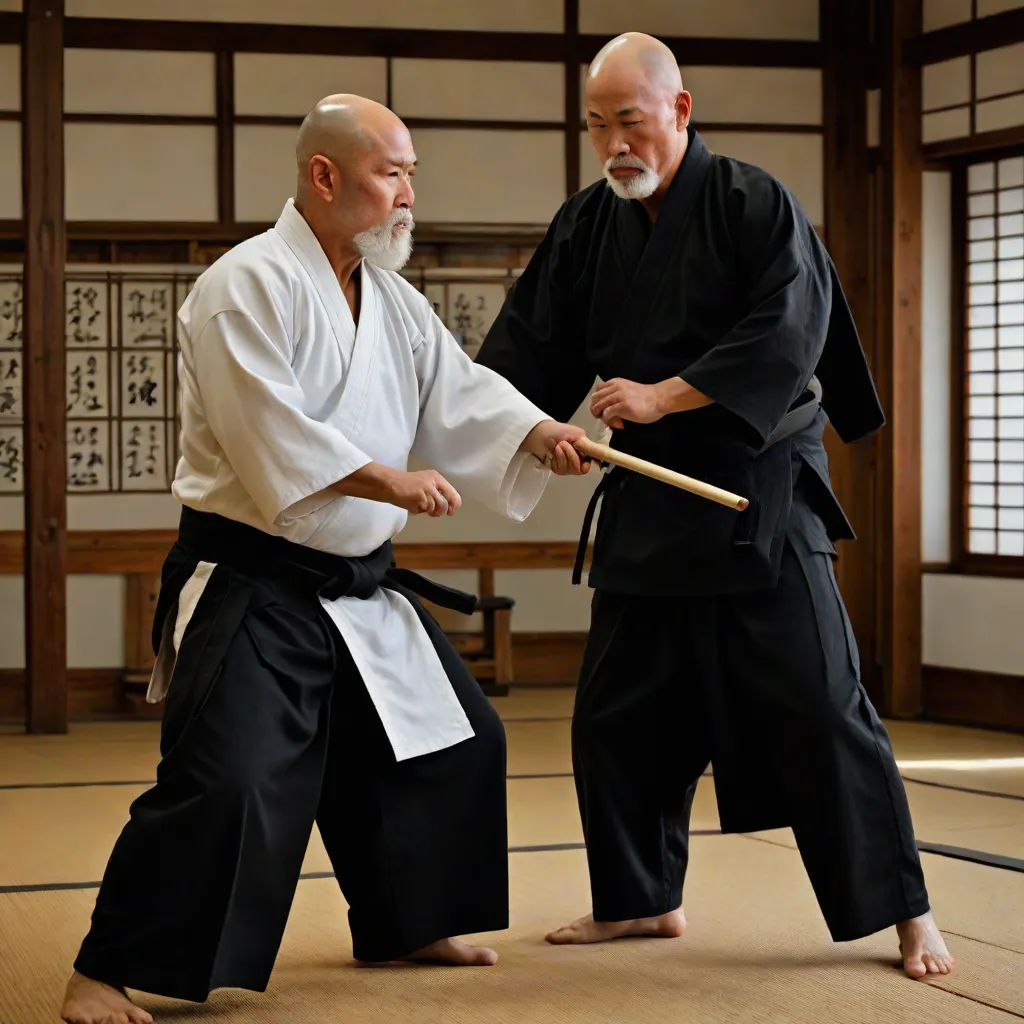 two men in black and white outfits are practicing karate in a room with wooden floors and windows, one of them holding a stick, precisionism, a stock photo, Baiōken Eishun, action scene