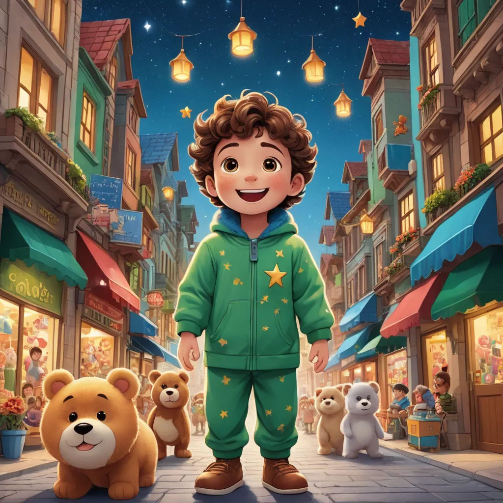 a boy in a green hoodie standing in front of a group of teddy bears in a city street, lyco art, a storybook illustration, Diego Gisbert Llorens, key art