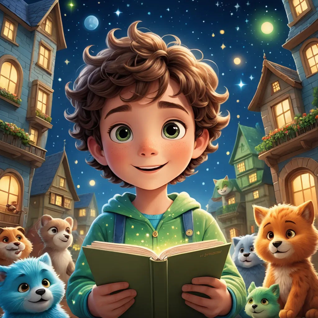 a boy reading a book with cats around him and a full moon in the background with stars and lights, furry art, a storybook illustration, Cliff Childs, key art