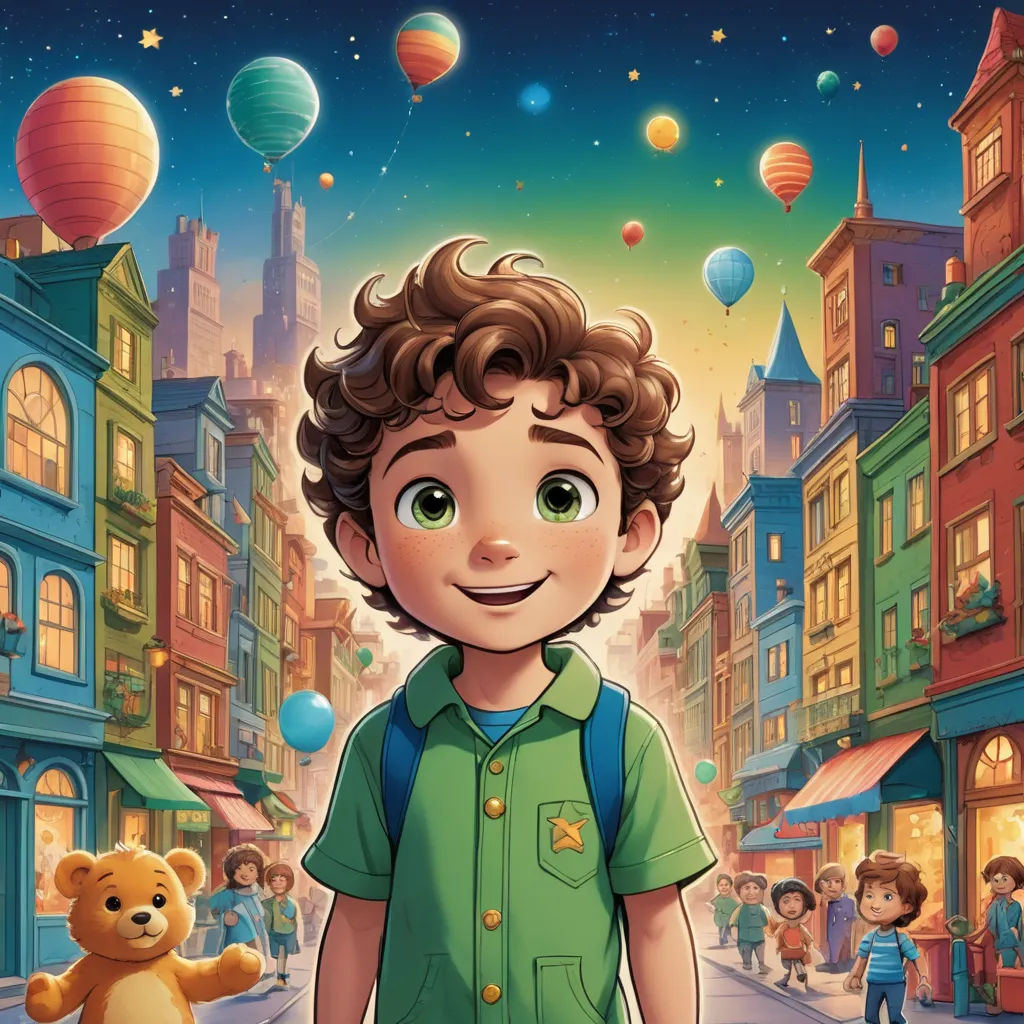 a boy standing in the middle of a street with a teddy bear in front of him and a city with balloons in the background, magical realism, poster art, Felix-Kelly, key art