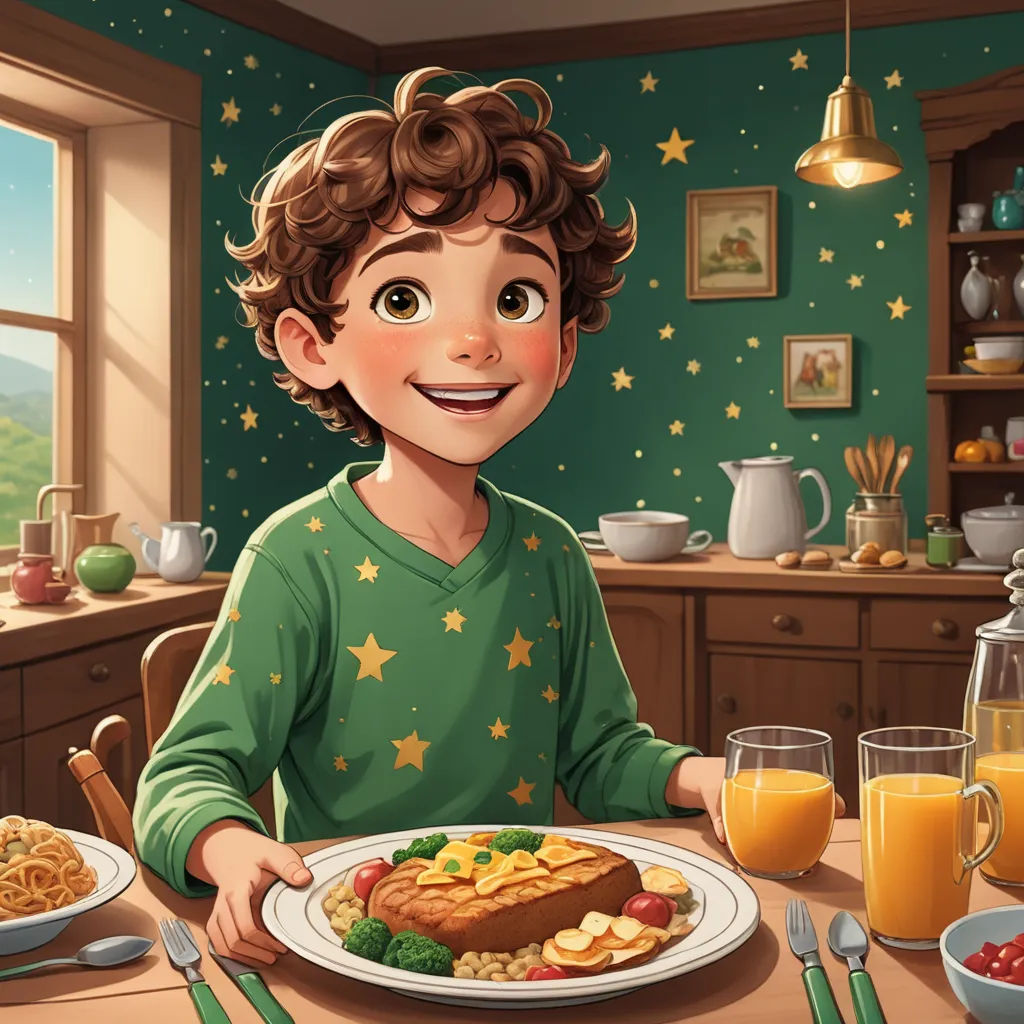 a boy sitting at a table with a plate of food in front of him and a glass of orange juice, photorealism, a storybook illustration, Diego Gisbert Llorens, storybook illustration